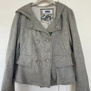 Sebby Gray Hooded Pea Coat Jacket, Double Breasted, Front Pockets Size Small